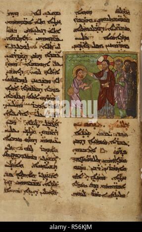 Miniature shows Jesus healing the blind man. The blind man with a walking stick moves towards Christ; Christ has his arm outstretched touching the blind man's eye. Syriac Lectionary. Mosul (Iraq), 1216-1220. This manuscript contains passages from the Gospels in liturgical sequence that are used as readings in church services. Tempera on paper. Source: Add. 7170, f.98. Language: Syriac. Stock Photo