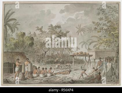 [Whole drawing] Human sacrifice at the great morai at Attahouroo [Utuaimahurau],Tahiti, witnessed by Captain Cook on 1 September 1777. A bound figure in the foreground, with men digging a hole for the body behind, and the whatta containing two dogs and three pigs sacrificed previously. On left, two drummers, and the chief priest with other priests around him.The ceremony was performed in the presence of Otoo [Tu], with Captain Cook, another officer [William Anderson], and Omai, all standing on the right. Drawings executed by John Webber during the Third Voyage of Captain Cook, 1777-1779. 1777. Stock Photo