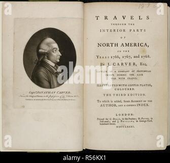 Portrait of Captain Jonathan Carver (1710 â€“ 1780). American explorer and writer. Travels through the Interior Parts of North America, in the years 1766, 1767, and 1768 [With maps.]. London : C. Dilly, 1781. Portrait. Explorer. Source: 980.i.28 Frontispiece & Title page. Language: English. Author: Carver, Capt. Jonathan. Stock Photo