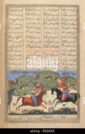 Battle scene. Shahnama of Firdawsi, with 49 miniatures. Opaque w. 1590-1600. Battle between Kay Khusraw and the King of Makran. A trifle discoloured. 9 by 14.5 cm.  Image taken from Shahnama of Firdawsi, with 49 miniatures. Opaque watercolour. Safavid/Isfahan style.  Originally published/produced in 1590-1600. . Source: I.O. ISLAMIC 3254, f.255v. Language: Persian. Stock Photo