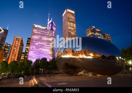 CHICAGO, IL - JULY 12, 2018:  Cloud Gate sculpture or The Bean located in Millennium Park in Chicago, Illinois at night. Stock Photo