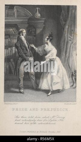 ' She then told him what Mr Darcy had voluntarily done for  Lydia. He heard her with astonishment'. Mr. Bennet is on the left, Elizabeth on the right. An 1833 engraving of a scene from Chapter 59 of Jane Austen's Pride and Prejudice.This and another are the first published illustrations of Pride and Prejudice. Elizabeth Bennet is shown wearing 1830's fashions. Pride and prejudice : a novel. London : R. Bentley, 1846. Source: 12623.df.2 frontispiece. Author: AUSTEN, JANE. Pickering & Greatbatch. Stock Photo