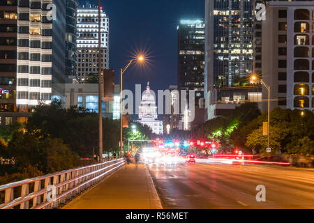 Austin, Texas Capitol Building from the Congress Avenue Bridge at night Stock Photo