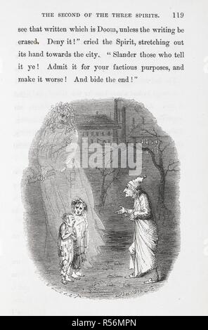 Ebenezer Scrooge being visited by the 'ghost of christmas present'. The Ghost of Christmas Present shows Scrooge the whole of London celebrating Christmas, including Fred and the Cratchit family. When Scrooge expresses concern for Cratchit's sickly son Tiny Tim, the spirit informs him that the boy will die unless something changes and uses Scrooge's earlier words about 'decreasing the surplus population' against him. The spirit then produces two misshapen, sickly children he names Ignorance and Want. When Scrooge asks if they have anyone to care for them, the spirit throws more of Scrooge's ow Stock Photo