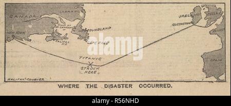 A map illustration in a newspaper showing the location of where the Titanic disaster occurred. Halifax Courier. 20/04/1912, p.4 detail. Source: Halifax Courier, 20/04/1912, p.4 detail. Stock Photo