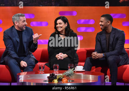 (left to right) Steve Carell, Dawn French, and Michael B Jordan during the filming of the Graham Norton Show at BBC Studioworks 6 Television Centre, Wood Lane, London, to be aired on BBC One on Friday evening. Stock Photo