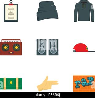 Rap icon set. Flat set of 9 rap vector icons for web design Stock Vector