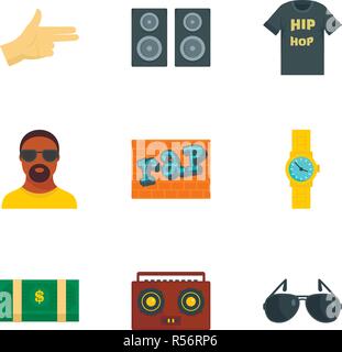 Urban rap icon set. Flat set of 9 urban rap vector icons for web design Stock Vector