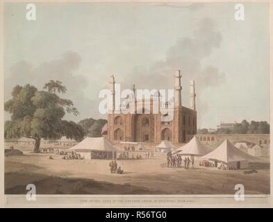 Gate of the Tomb of the Emperor Akbar at Secundra, near Agra. This view shows the encampment of tents pitched outside the main gateway occupied by some of the British military party and their servants. 1795. Coloured aquatint. Source: P919. Language: English. Author: DANIELL, THOMAS. Stock Photo