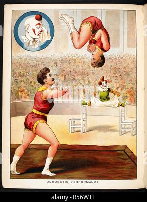 'Acrobatic performance'. Acrobats and a clown performing  in the circus ring. The Circus Book. [Pictures for children.]. G. Routledge & Sons: [London; lithographed in Holland, 1890.]. Source: 12807.s.62 page 4. Language: English. Author: ANON. Stock Photo