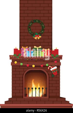 Cartoon decorated burning fire place with many presents, wreath and candles isolated on white background. Vector christmas or new year illustration, c Stock Vector