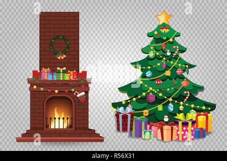 Cartoon set of decorated burning fireplace and fir tree with many presents isolated on transparent background. Vector christmas or new year illustrati Stock Vector