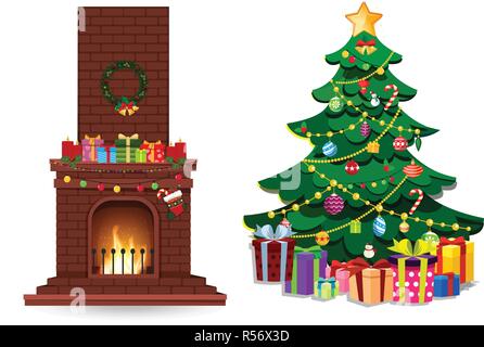 Cartoon set of decorated burning fire place and fir xmas tree with many gifts isolated on white background. Vector christmas or new year illustration, Stock Vector