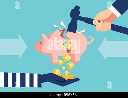 Creative illustration of thief stealing money from piggy bank with savings on blue background Stock Vector