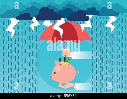 Creative vector image of man holding piggy bank under umbrella covering it from risks Stock Vector