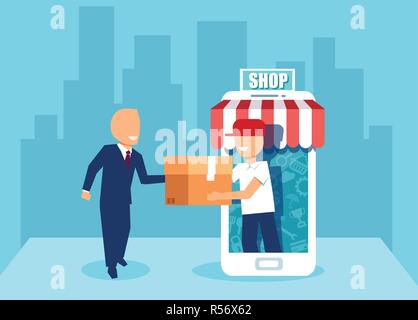 Creative vector graphic design of businessman receiving online order with shop in telephone Stock Vector
