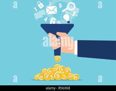 Creative vector design of businessman holding funnel and changing ideas into pile of money on blue background Stock Vector