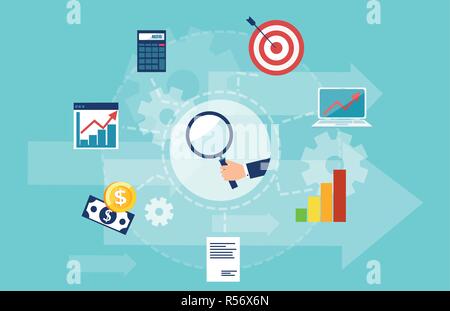 Business intelligence, business data analysis. concept. Vector banner of market research with icons isolated on light blue background Stock Vector
