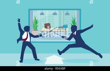 Vector image of businessmen in rivalry fighting with swords in office Stock Vector