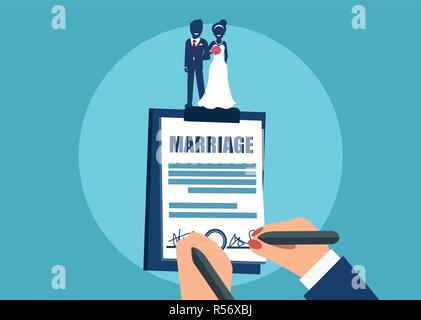 Vector style of crop newlyweds signing marriage certificate on clipboard on blue background Stock Vector