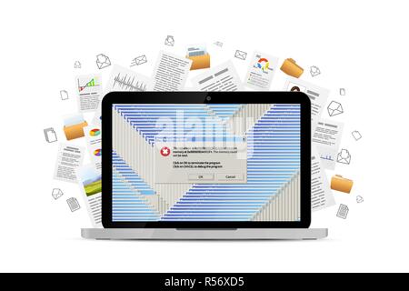 Opened laptop with lots of critical errors messages and many office documents flying away on background, concept illustration isolated on white Stock Vector
