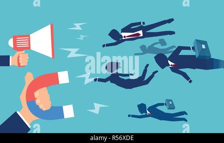 Concept graphic design of crop employers with loudspeaker and magnet attracting new job candidates Stock Vector