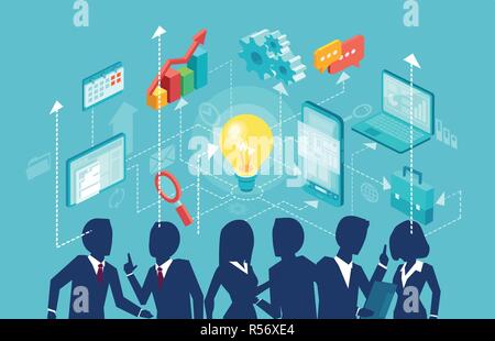Business communications and modern technology in corporate financial lifestyle. Vector of a group of businesspeople brainstorming an idea, startup pla Stock Vector