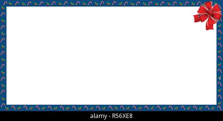 Cute Christmas or new year border with xmas candy cane sweets and berries pattern and red ribbon on white background. Vector rectangle template, frame Stock Vector