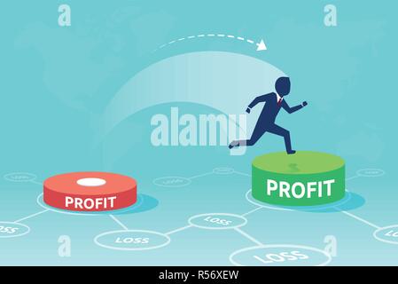 Cartoon design of man running and jumping on green button with growing profit on blue background Stock Vector
