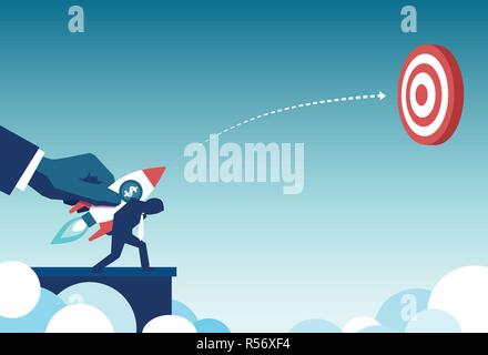 Concept vector design of crop leader hand launching rocket with worker right in red target Stock Vector