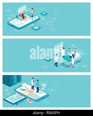 Isometric vector healthcare, doctors and patient care banner concept with people and objects Stock Vector