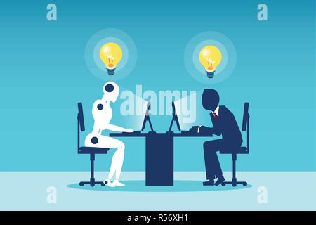 Vector of a man working with a robot sitting at table. Symbol of future cooperation and technology advance Stock Vector