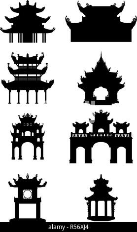 Set of Ancient buddhist temples.. Black vector silhouettes Stock Vector