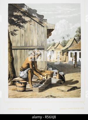 A Javanese man sharpening knives. Nederlandsch Oost-Indischen Typen. Types Indiens Neerlandais. ... S' Gravenhage, 1854-56. colour illustration. Source: 1781.c.23, plate 31. Language: Dutch. Author: Pers, A. Van. Stock Photo