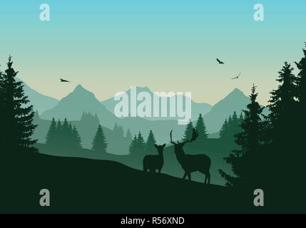 Realistic illustration of mountain landscape with green coniferous forest, two deer and three flying birds in the sky with dawn - vector Stock Vector