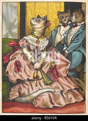 Miss Mouser, a cat, wearing a dress, being admired by two male cats. Miss  Mouser's tea party. London : Frederick Warne & Co., [1876] Camden Press.  Children's books. Source: 12805.l.45.(7) plate 6