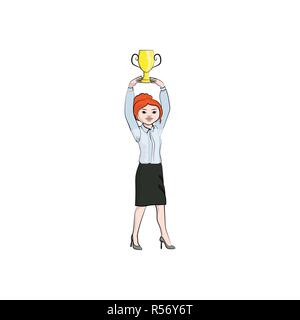 Businesswoman (girl, woman) with a cup (trophy). Vector color illustration Stock Vector