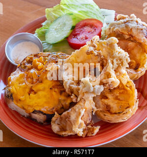 Cheeseburger with handmade onion rings Stock Photo