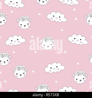 Cute cartoon sheeps and clouds seamless pattern on the pink background. Vector illustrator. Stock Vector