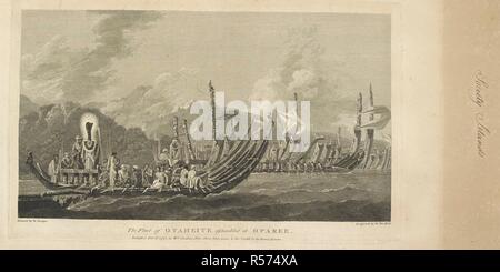 The fleet of Otaheite assembled at Oparre. Society islands. Painted by William Hodges and engraved by W. Woollett. Shows a double-hulled war canoe in the foreground, with a figure in a tall white-feathered headdress at the left end, and about fifteen men sitting on the boat's platform. In the right background are two other boats of the same design, flying small square sails tied to the high stern ends. Hodges made the original picture in May 1774 or later, on Cook's second voyage.  . A collection of drawings by A. Buchan, S. Parkinson, and J. F. Miller, made in the Countries visited by Captain Stock Photo