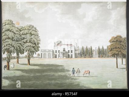 Castle Bear House, Ealing. A large house painted white set in parkland; trees to the left and in the distance; horses grazing; two figures, a horse and a dog in the centre. Inscribed 'Smith Esq Middlesex Ealing' in pencil on verso. Inscribed 'Castle Bear' and 'Smith Esq' in pencil in the upper left-hand corner. Bears a J Whatman watermark. A colored view of Castle Bear, near Ealing. around 1797. 1 drawing : pen and black ink with watercolour ; sheet 45 x 64 cm. Source: Maps K.Top.30.26.a. Stock Photo