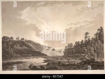 A view of a turbulent river which falls over rocks between tree-covered banks and into the foreground, where it forms rapids and flows away to the left, with men standing on boulders in the right foreground, spearing fish. View of the FALLS of CHAUDIÃˆRE. [London] : Pubd May 10 1795 by J.W. Edy, No 2, Romney Row, St John's, Westminster., [May 10 1795]. Aquatint and etching. Source: Maps K.Top.119.30.b. Language: English. Author: Edy, John William. Stock Photo