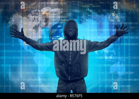 Hooded hacker with anonymous mask Stock Photo