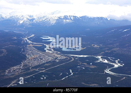 View of the Town of Jasper and the North Saskatchewan River from Jasper SkyTram and Whistler Mountain summit Stock Photo