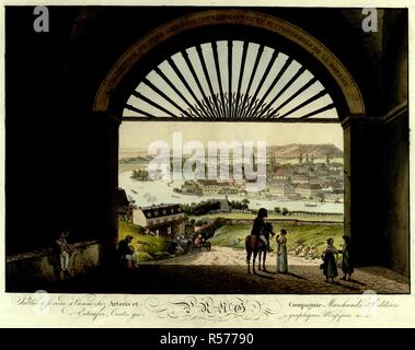 An officer on horseback talks to a young woman in a fashionable dress under an arched gate inscribed with the title of the volume. A soldier smokes leaning on a wall next to an elderly woman holding a basket on the left and a couple in Bohemian traditional costumes walk at right in the foreground, with a view of Prague and the Vltava River in the background. Collection de Vues les plus intÃ©ressantes et pittoresques de la BohÃ©me. [Vienna] : PubliÃ©e et se vend a Vienne chez Artaria et Compagnie Marchands et Editeurs d'Estampes, Cartes geographiques, Musiques, &c. &c., [between 1800 and 1810]. Stock Photo