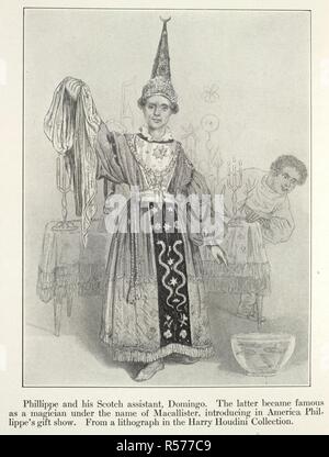 Phillippe the conjurer. The unmasking of Robert-Houdin. New York: Publishers Printing Co., 1908. Phillippe and his Scotch (Scottish) assistant, Domingo. The latter became famous as a magician under the name of Macallister, introducing in America Phillippe's gift show. From a lithograph in the Harry Houdini collection'. Source: X.629/5609,. Language: English. Stock Photo