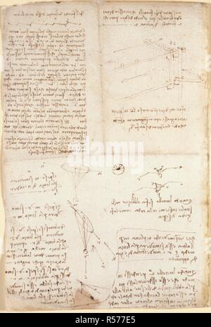 Leonardo da Vinci's notes. Notebook of Leonardo da Vinci. early 16th century. (Whole folio) Notes and diagrams by Leonardo da Vinci  Image taken from Notebook of Leonardo da Vinci.  Originally published/produced in early 16th century. . Source: Arundel 263, f.129v. Language: Italian. Stock Photo