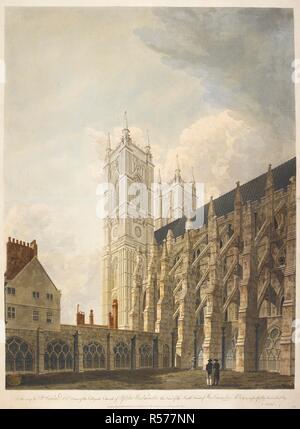 View of the south front of Westminster Abbey; flying buttresses stretching to the right; two towers of the west front visible in the middle distance; three scholars standing in the corner of a courtyard in the foreground. To the very Revd. Vincent DL. Dean of the Collegiate Church of St Peter Westminster, : this View of the South Front of Westminster Abbey is respectfully inscribed by C. Wild. [London] : Drawn, Engraved & Published by C. Wild, No1 Little Charlotte Street, Pimlico, July 1805. Aquatint and etching with hand-colouring. Source: Maps K.Top.24.4.n. Language: English. Stock Photo