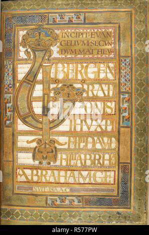 Illuminated incipit page to  St Matthew's Gospel ; 'Liber generationem'; text with decorated initial 'L'. Harley Golden Gospels. Four Gospels (the 'Golden Gospels', 'Harley Golden Gospels'; 'Codex Aureus'), with canon tables. Carolingian Empire [Aachen?]; circa 800. Source: Harley 2788, f.14. Language: Latin. Stock Photo