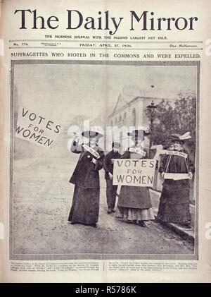 'Suffragettes who rioted in the commons and were expelled'. 'From left to right, the photograph shows Miss Kenney, Miss Billington, and Mrs Roe'. The Daily Mirror. London, April 27, 1906. Suffragettes who rioted in the commons and were expelled'. 'From left to right, the photograph shows Miss Kenney, Miss Billington, and Mrs Roe'.  Image taken from The Daily Mirror.  Originally published/produced in London, April 27, 1906. . Source: Colindale, front page. no.776. Language: English. Stock Photo